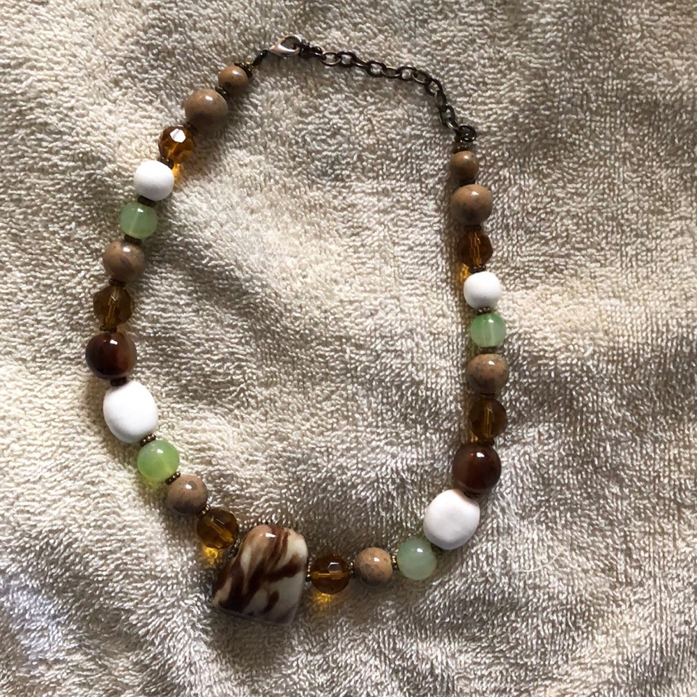 Brown green white silver necklace